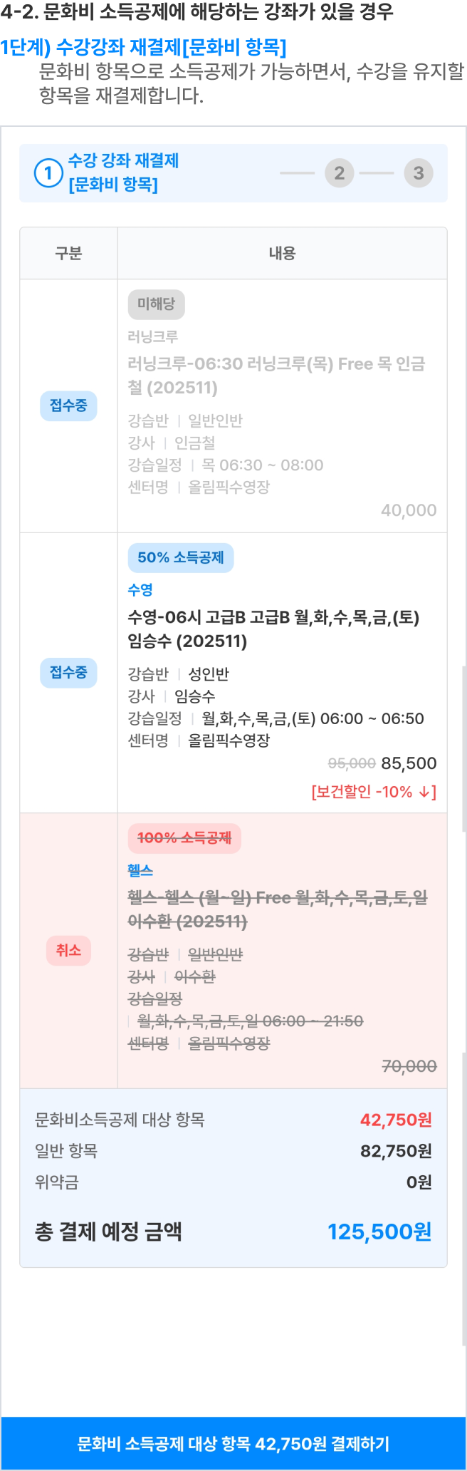 문화비 항목으로 소득공제가 가능하면서, 수강을 유지할 항목을 재결제합니다.