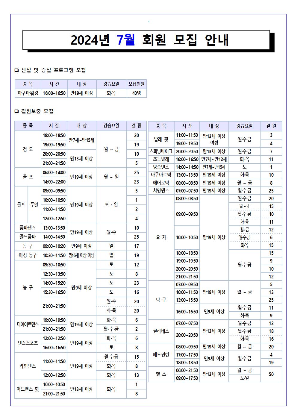 7월 스포츠교실 신설 및 결원보충 회원모집 안내