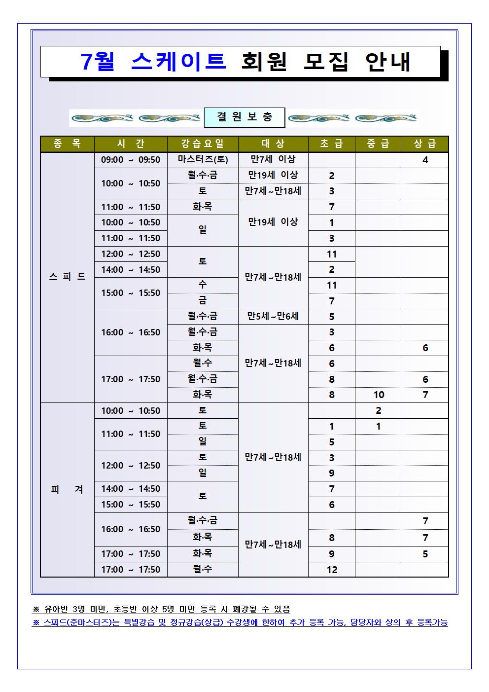 7월 스포츠교실 신설 및 결원보충 회원모집 안내