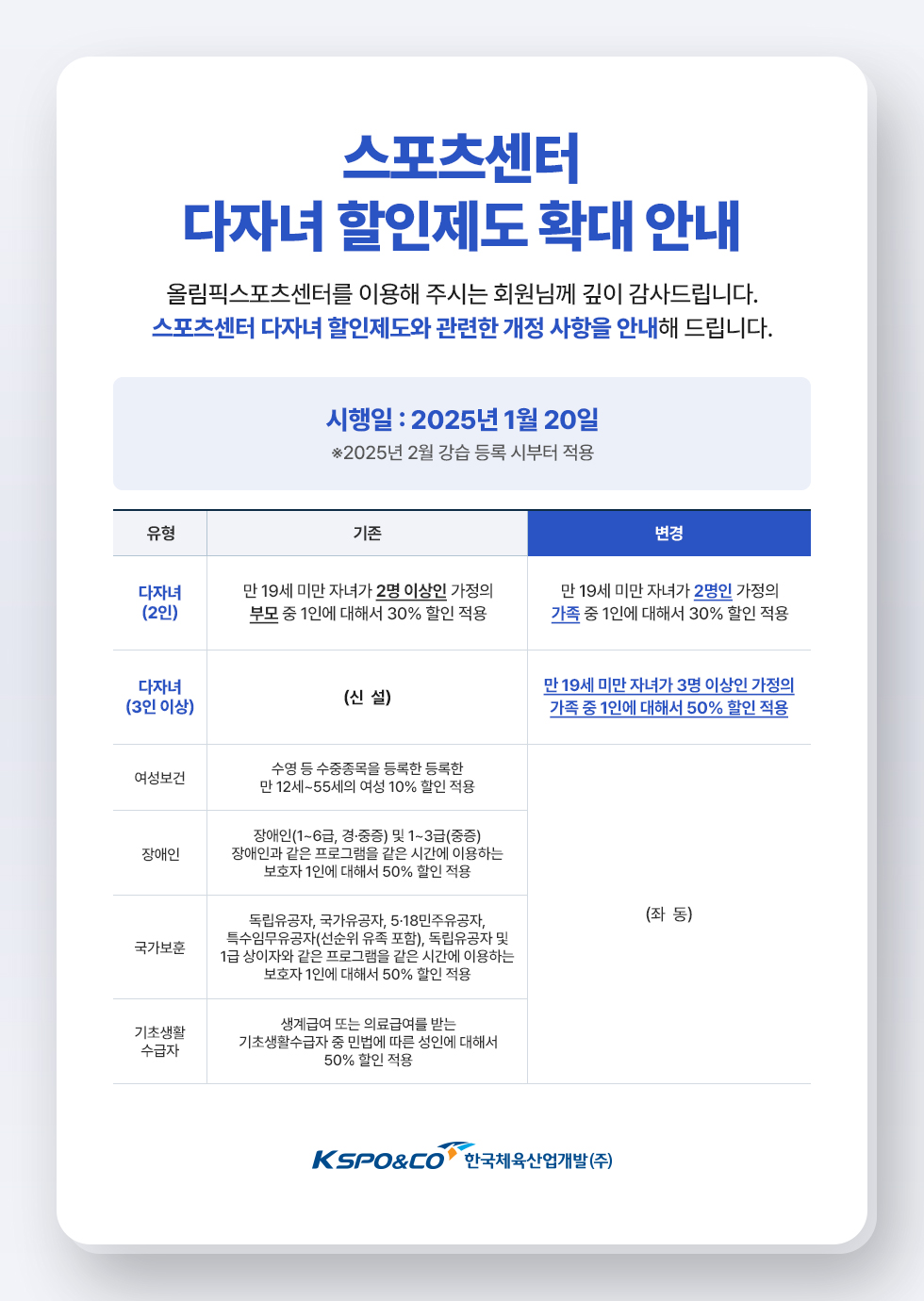 스포츠센터 다자녀 할인제도 확대 안내