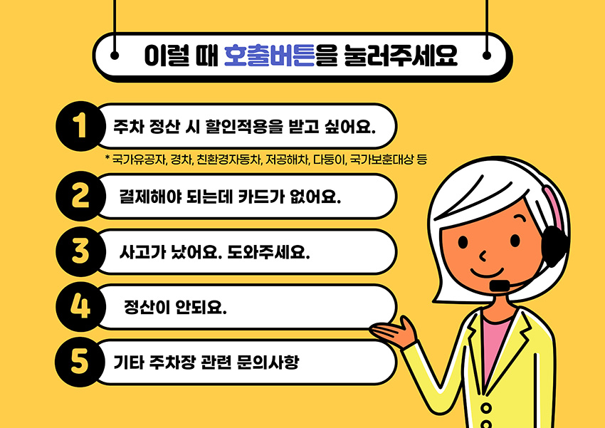 이럴 때 호출버튼을 눌러주세요/1. 주차 정산 시 할인적용을 받고 싶어요. (국가유공자, 경차, 친환경자동차, 저공해차, 다둥이, 국가보훈대상 등)/2. 결제해야 되는데 카드가 없어요./3. 사고가 났어요. 도와주세요./4. 정산이 안되요./5. 기타 주차장 관련 문의사항