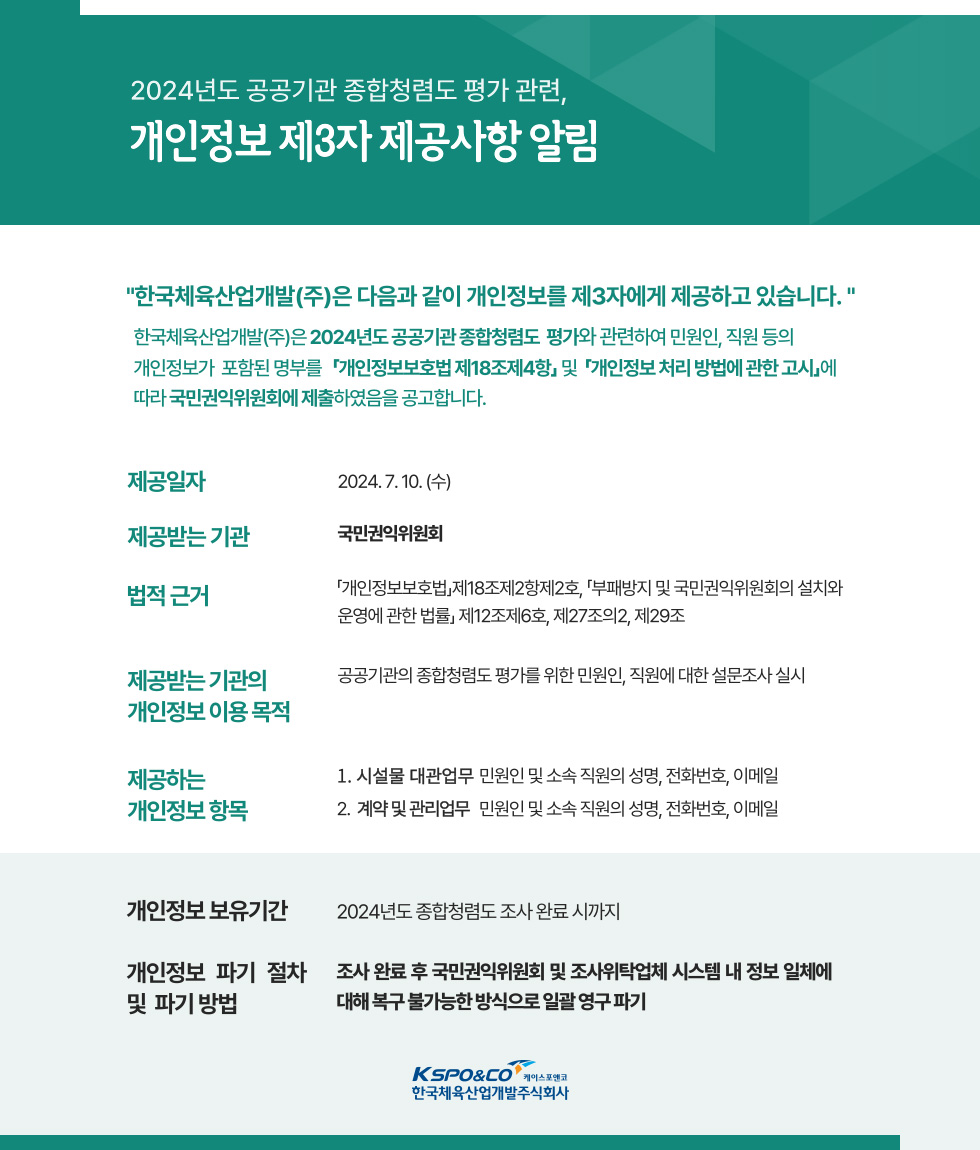 2024년도 공공기관 종합청렴도 평가 관련 개인정보 제3자 제공사항 알림