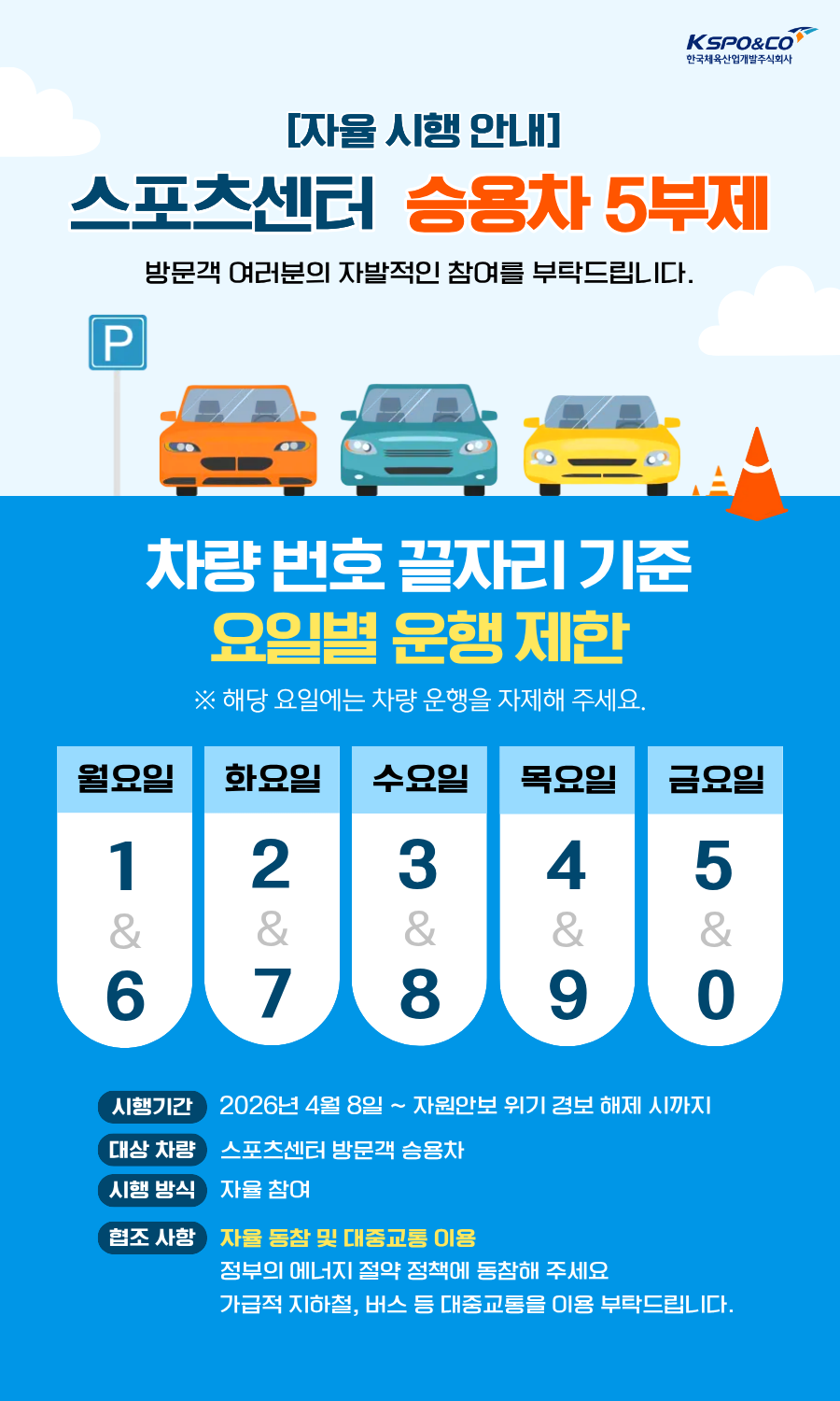 [자율 시행 안내] 스포츠센터 승용차 5부제/방문객 여러분의 자발적인 참여를 부탁드립니다./차량번호 끝자리 기준 요일별 운행 제한 ※해당 요일에는 차량 운행을 자제해 주세요./ 5부제 요일표 (운행 제한 번호 끝자리)월요일1, 6/ 화요일2, 7/ 수요일3, 8/ 목요일4, 9/ 금요일5, 0/ 시행 기간: 2026년 4월 8일 ~ 자원안보 위기 경보 해제 시까지/대상 차량: 스포츠센터 방문객 승용차/시행 방식: 자율 참여/협조 사항: 자율 동참 및 대중교통 이용, 정부의 에너지 절약 정책에 동참해 주세요,가급적 지하철, 버스 등 대중교통을 이용 부탁드립니다.